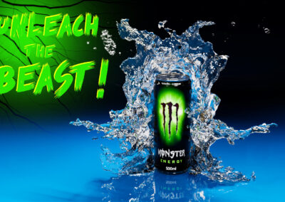 Canette de Monster Energy entourée d'un éclat d'eau, avec le slogan "Unleash the Beast!" en arrière-plan.